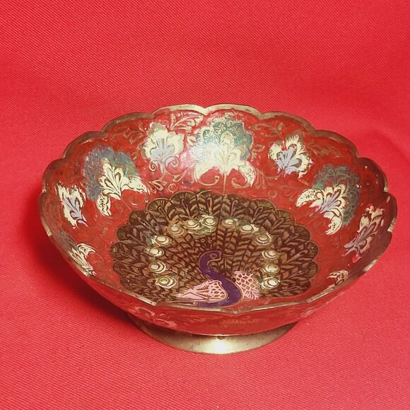Vintage Indian Etched Brass Metal Peacock Pedestal Red Bowl Trinket Dish - Picture 10 of 11